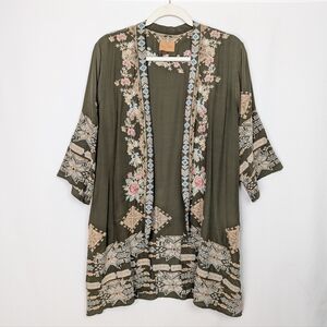 DRIFTWOOD Joelle Open Front Green Embroidered Kimono Topper Boho Festival Sz m
